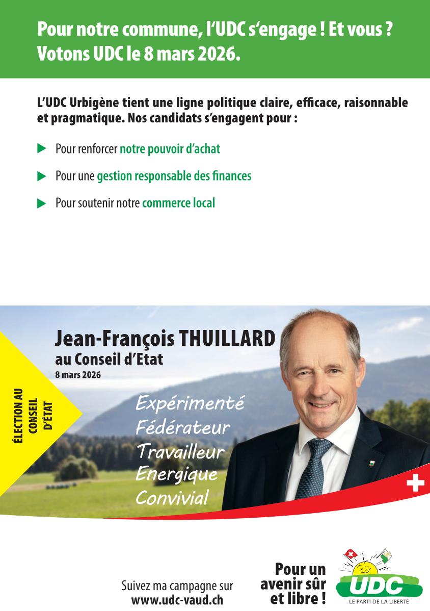 Affiche électorale UDC Urbigène - Renforcer le pouvoir d'achat, gestion responsable des finances, soutenir le commerce local